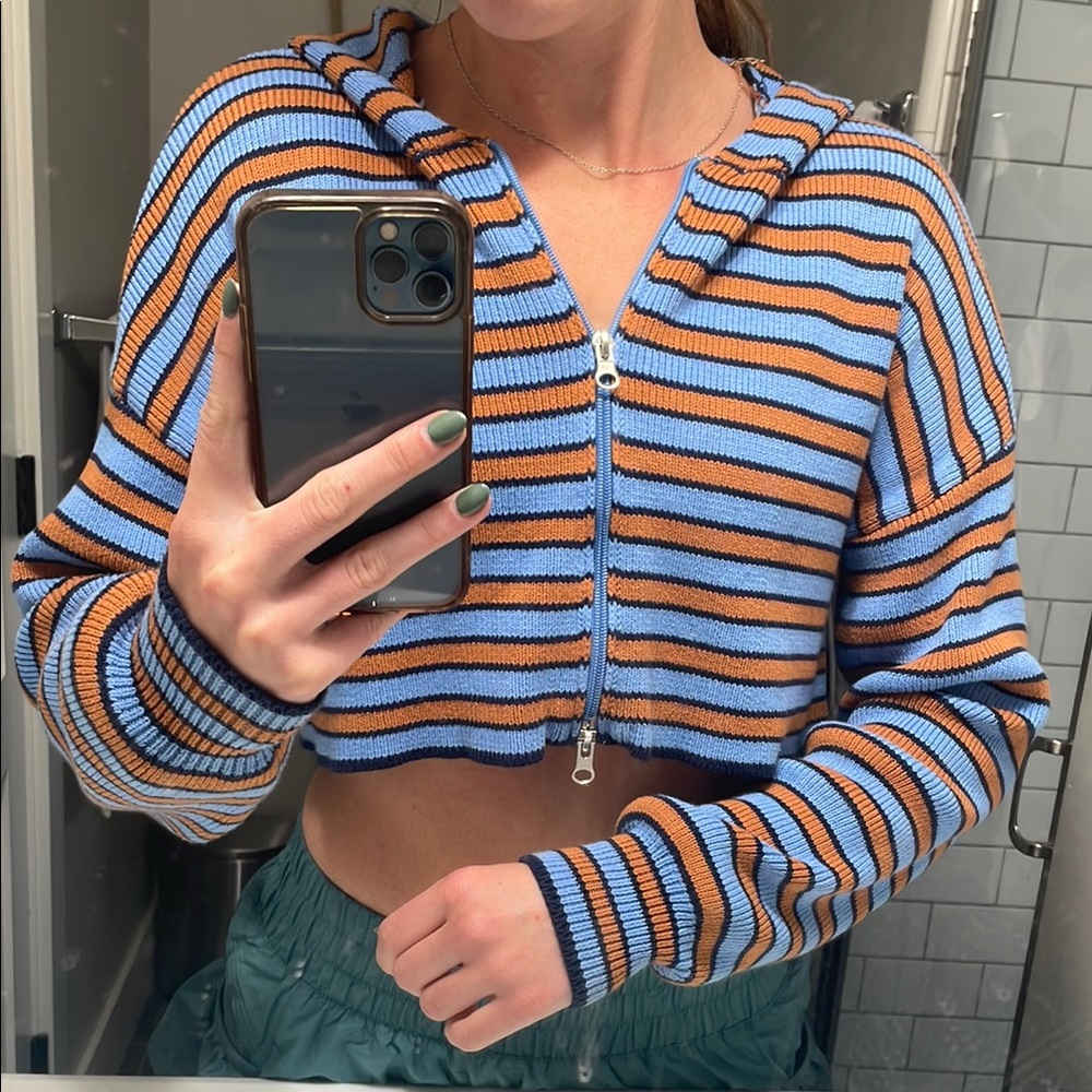 Striped Blue and Orange Women's Cropped Hoodie
